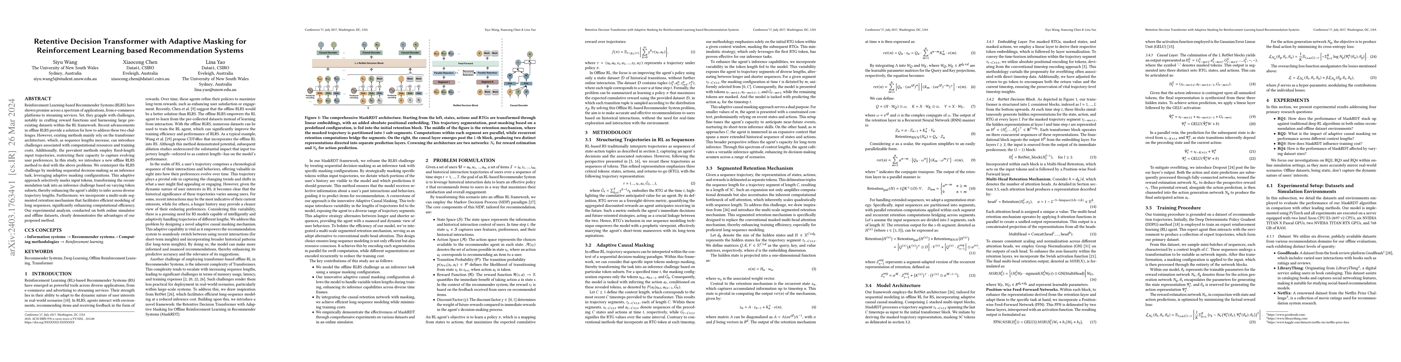 Thumbnail for Retentive Decision Transformer with Adaptive Masking for Reinforcement
  Learning based Recommendation Systems