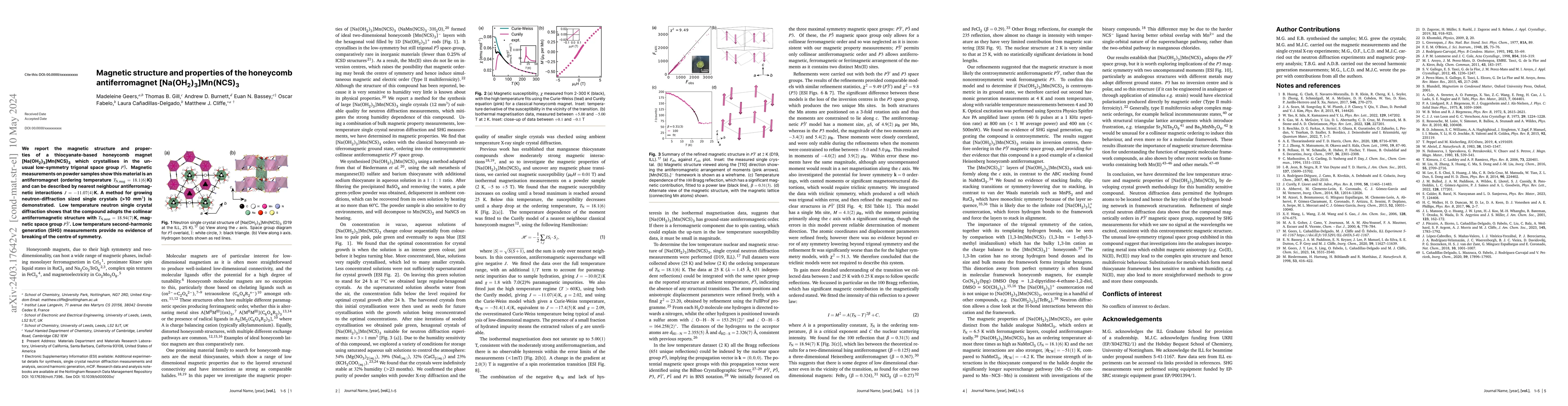 Thumbnail for Magnetic structure and properties of the honeycomb antiferromagnet
  [Na(OH$_2$)$_3$]Mn(NCS)$_3$