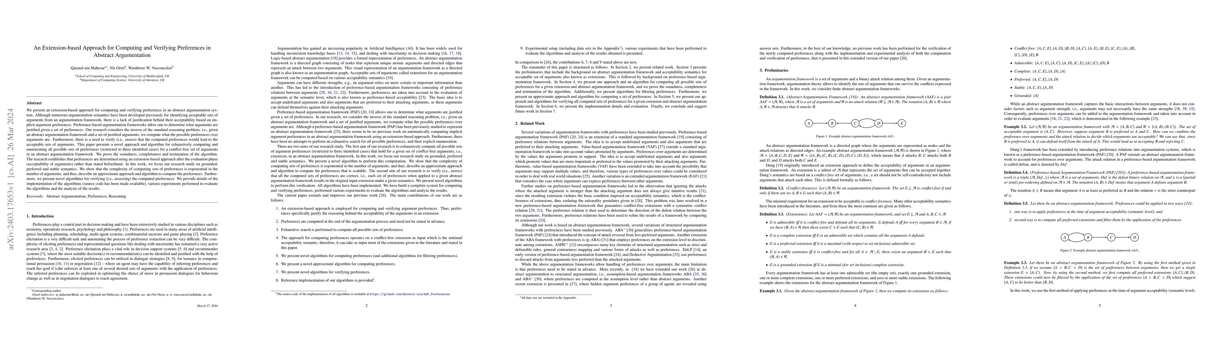 Thumbnail for An Extension-based Approach for Computing and Verifying Preferences in
  Abstract Argumentation