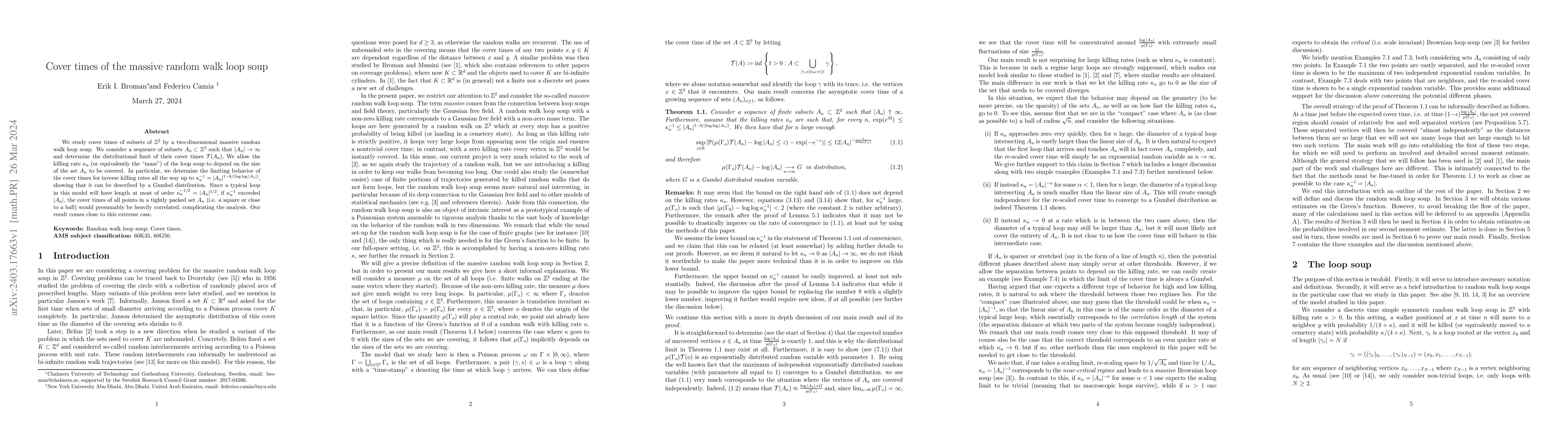 Thumbnail for Cover times of the massive random walk loop soup