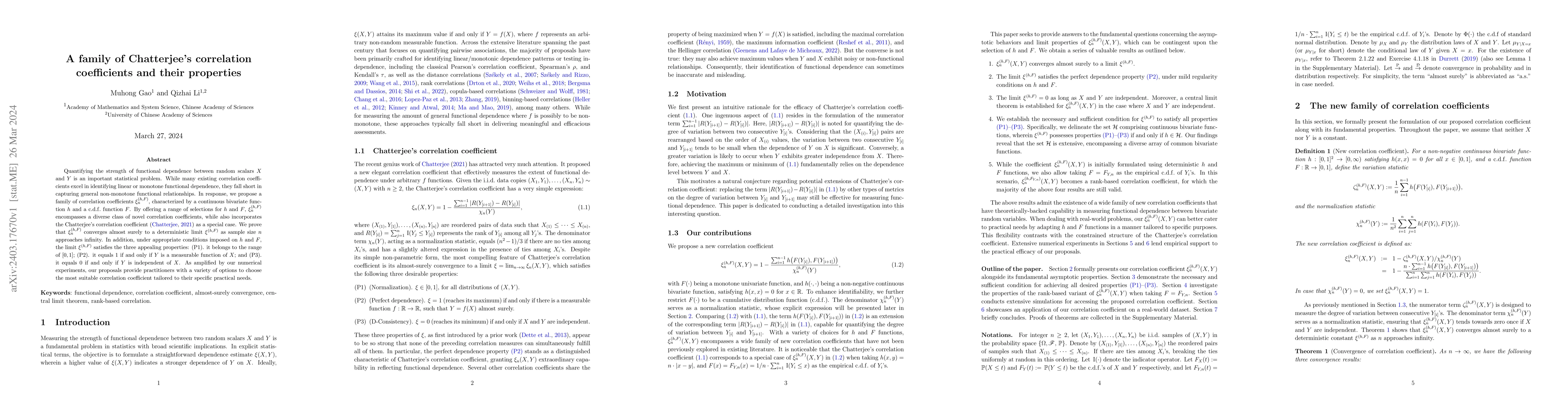 Thumbnail for A family of Chatterjee's correlation coefficients and their properties