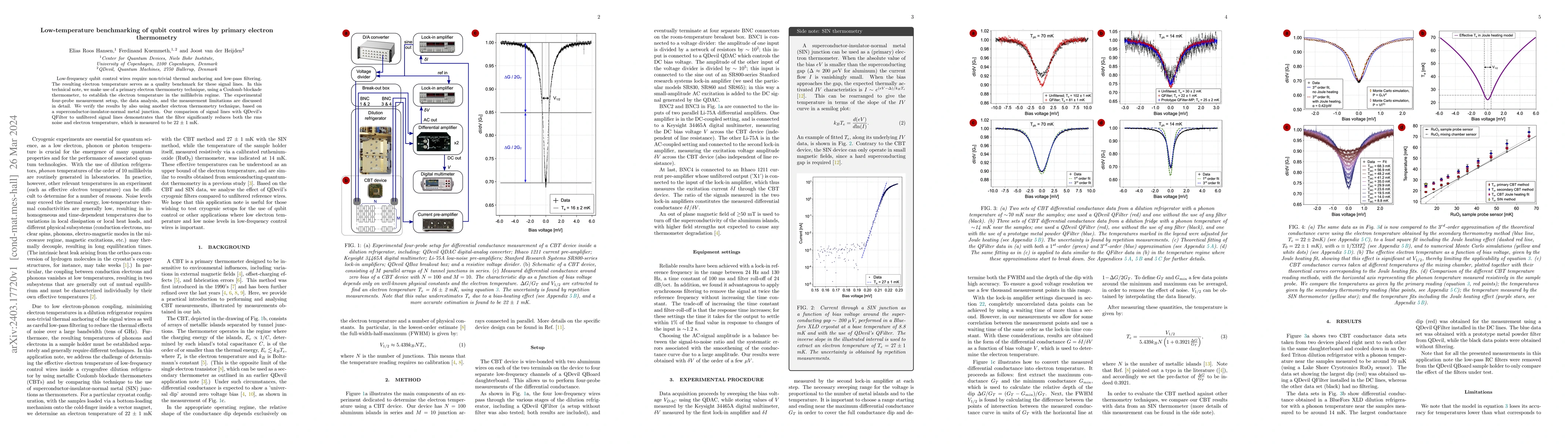 Thumbnail for Low-temperature benchmarking of qubit control wires by primary electron
  thermometry