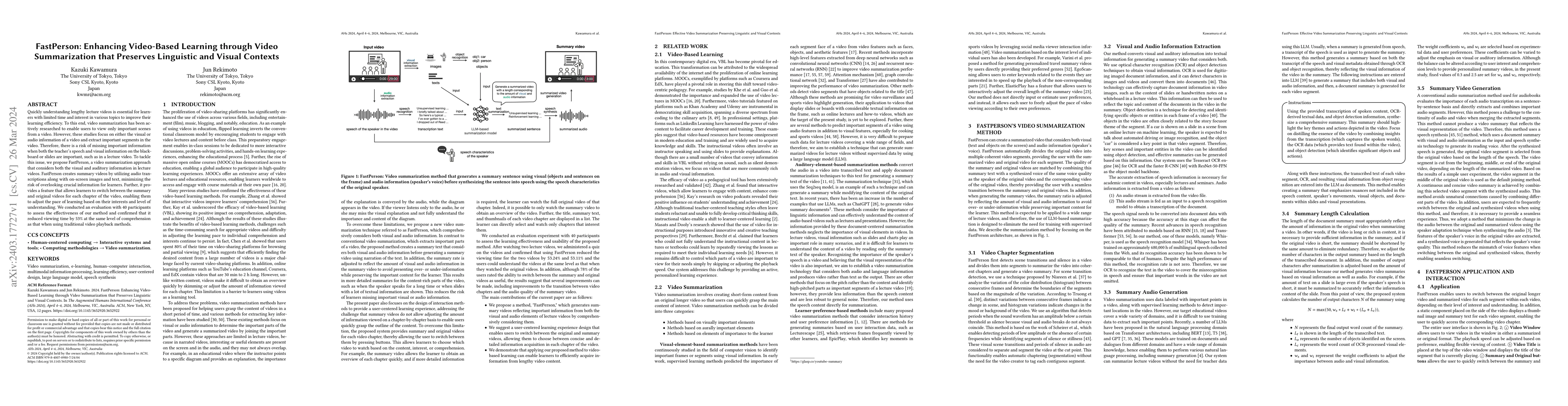 Thumbnail for FastPerson: Enhancing Video Learning through Effective Video
  Summarization that Preserves Linguistic and Visual Contexts