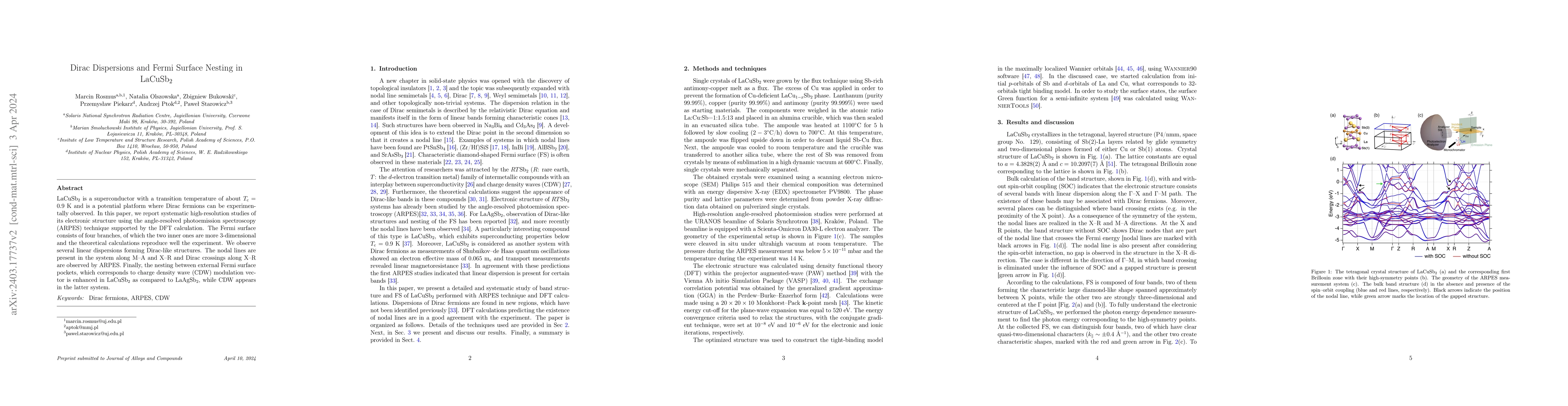 Thumbnail for Dirac Dispersions and Fermi Surface Nesting in LaCuSb$_{2}$