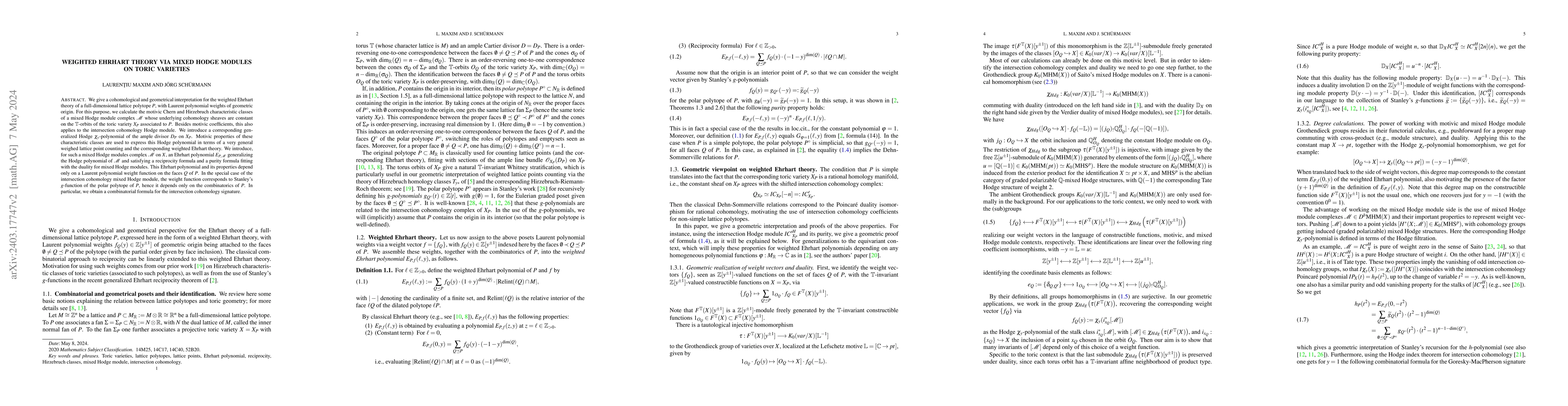 Thumbnail for Weighted Ehrhart theory via mixed Hodge modules on toric varieties