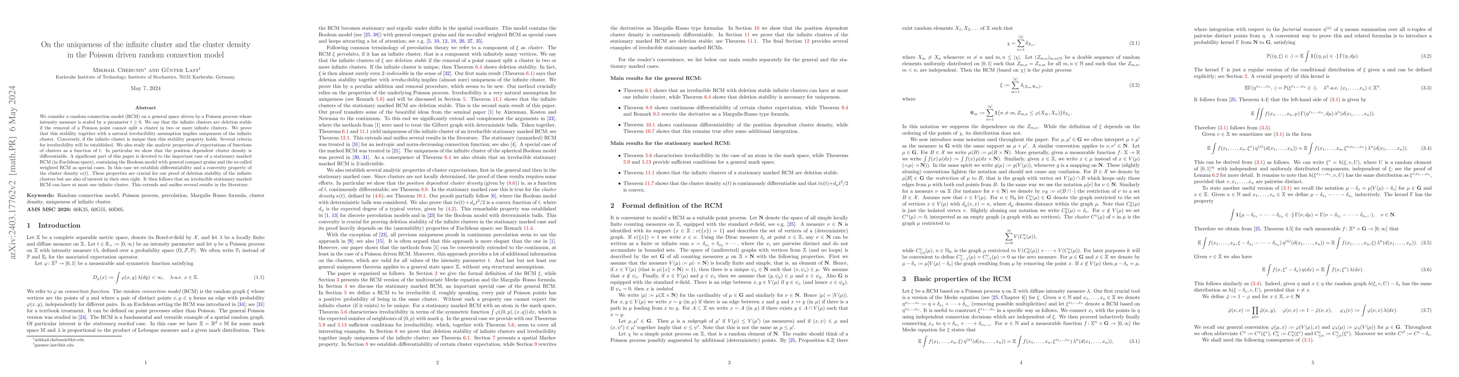 Thumbnail for On the uniqueness of the infinite cluster and the cluster density in the
  Poisson driven random connection model