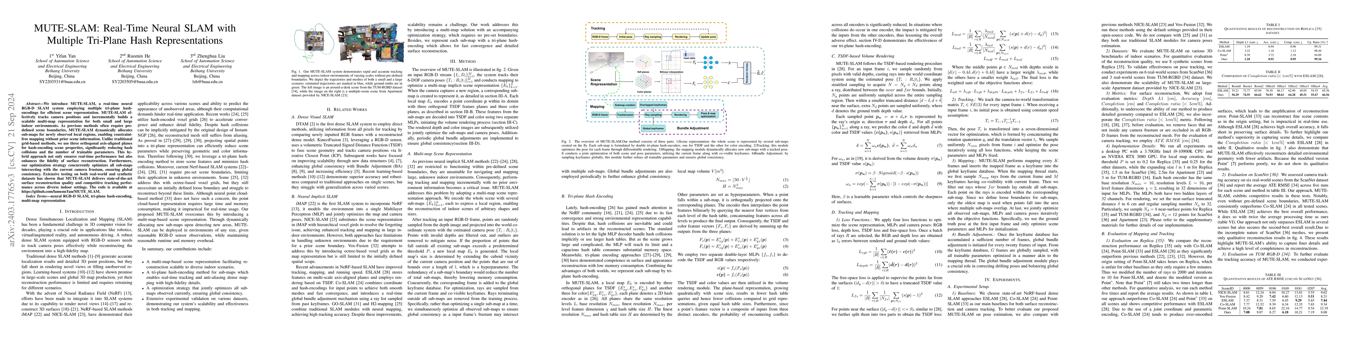 Thumbnail for MUTE-SLAM: Real-Time Neural SLAM with Multiple Tri-Plane Hash
  Representations
