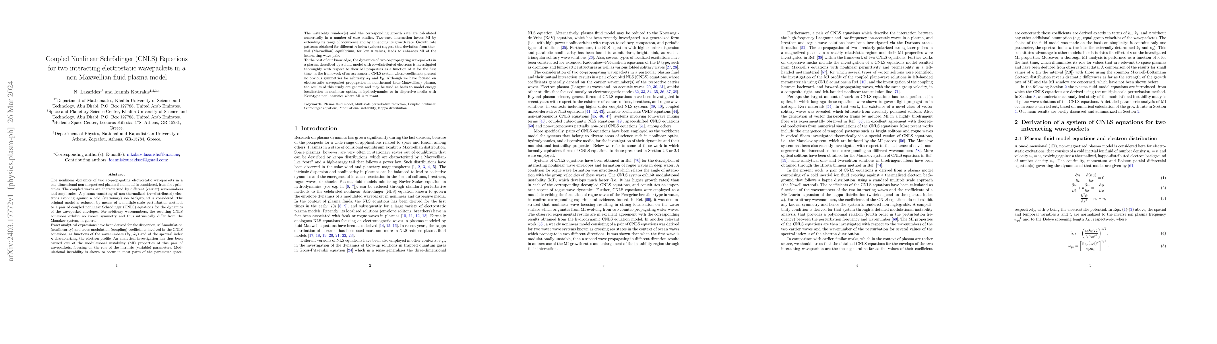 Thumbnail for Coupled Nonlinear Schr\"odinger (CNLS) Equations for two interacting
  electrostatic wavepackets in a non-Maxwellian fluid plasma model