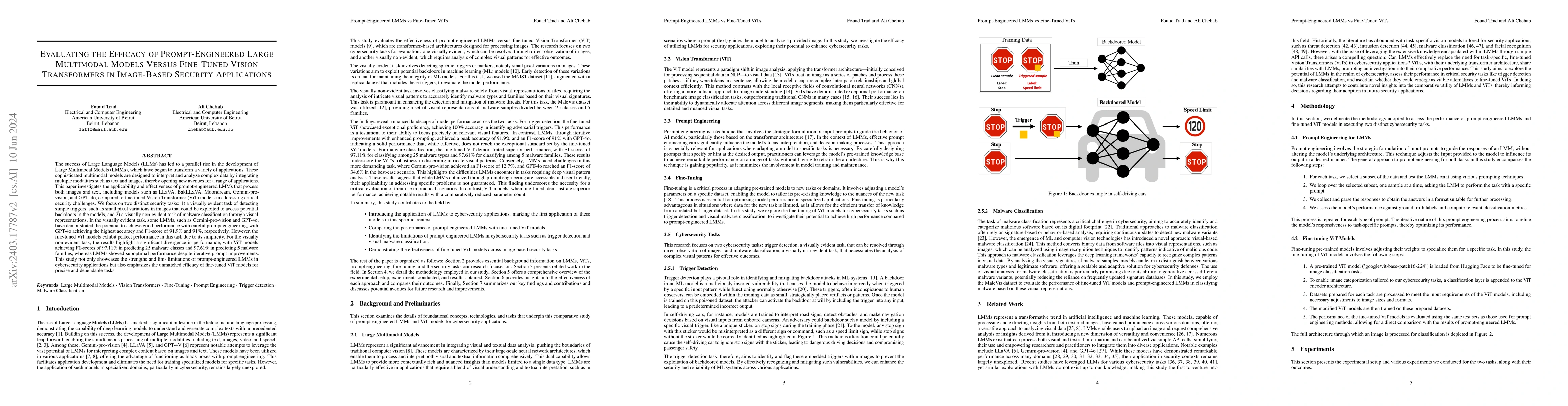 Thumbnail for Evaluating the Efficacy of Prompt-Engineered Large Multimodal Models
  Versus Fine-Tuned Vision Transformers in Image-Based Security Applications