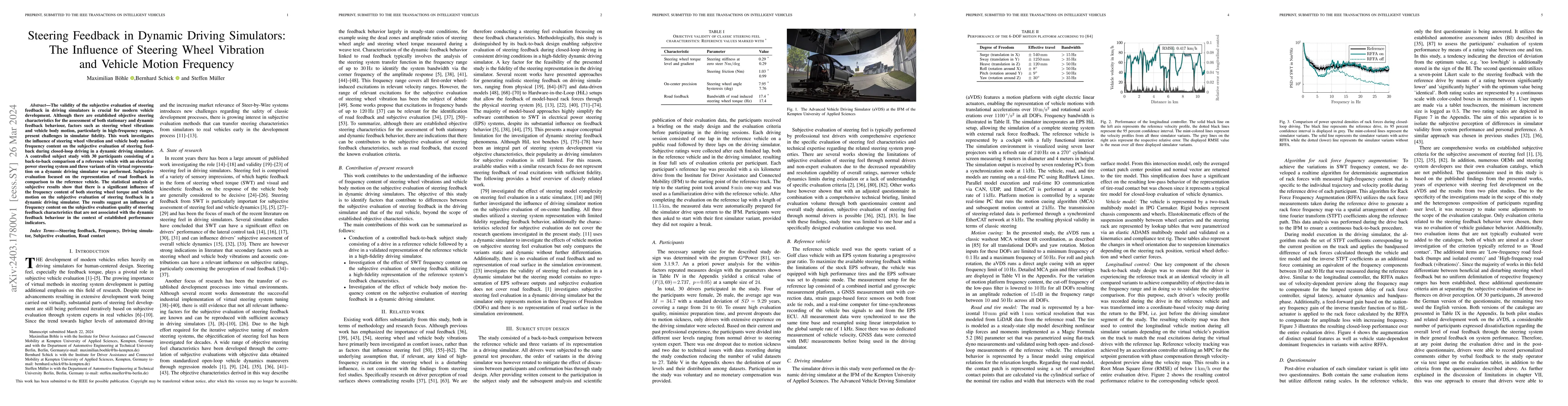 Thumbnail for Steering Feedback in Dynamic Driving Simulators: The Influence of
  Steering Wheel Vibration and Vehicle Motion Frequency