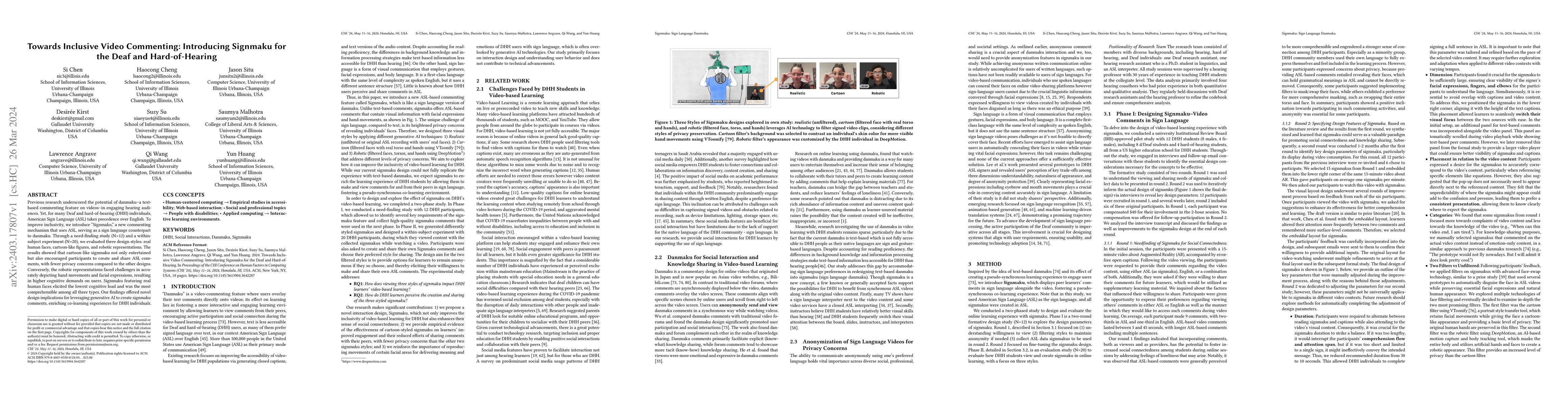 Thumbnail for Towards Inclusive Video Commenting: Introducing Signmaku for the Deaf
  and Hard-of-Hearing