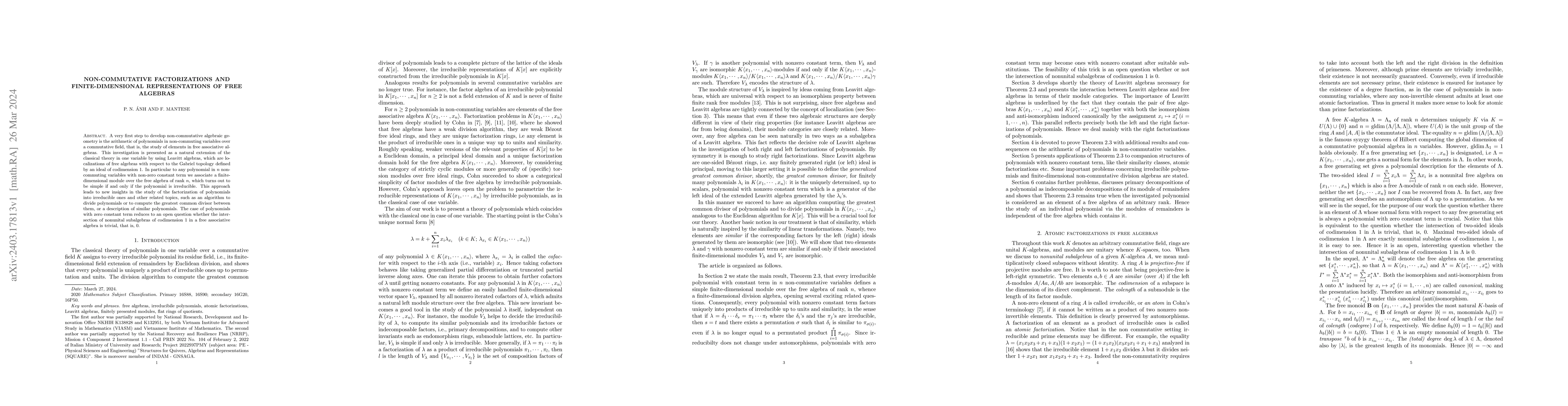 Thumbnail for Non-commutative factorizations and finite-dimensional representations of
  free algebras