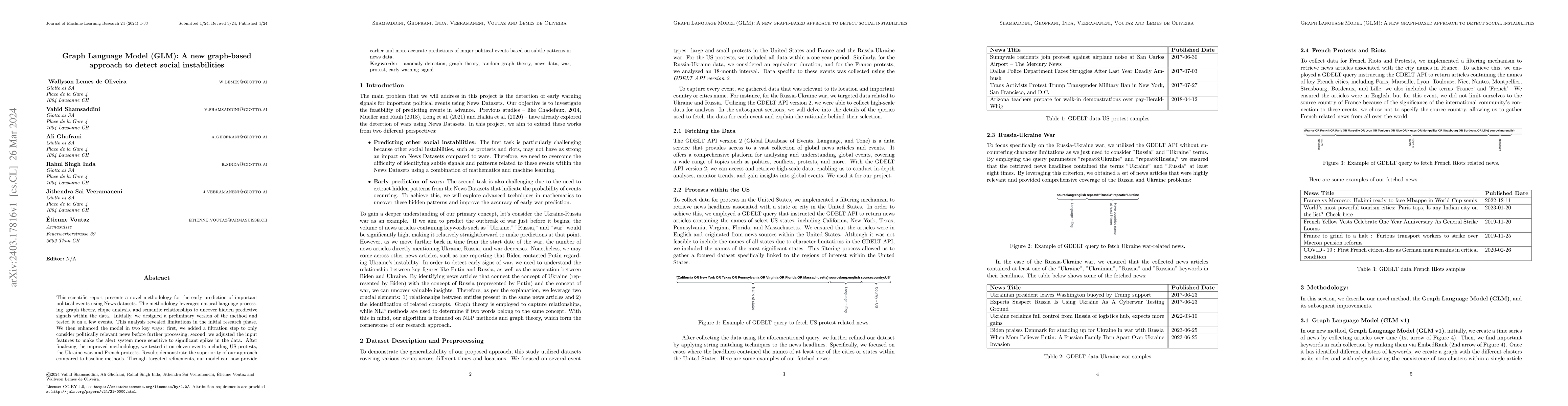 Thumbnail for Graph Language Model (GLM): A new graph-based approach to detect social
  instabilities