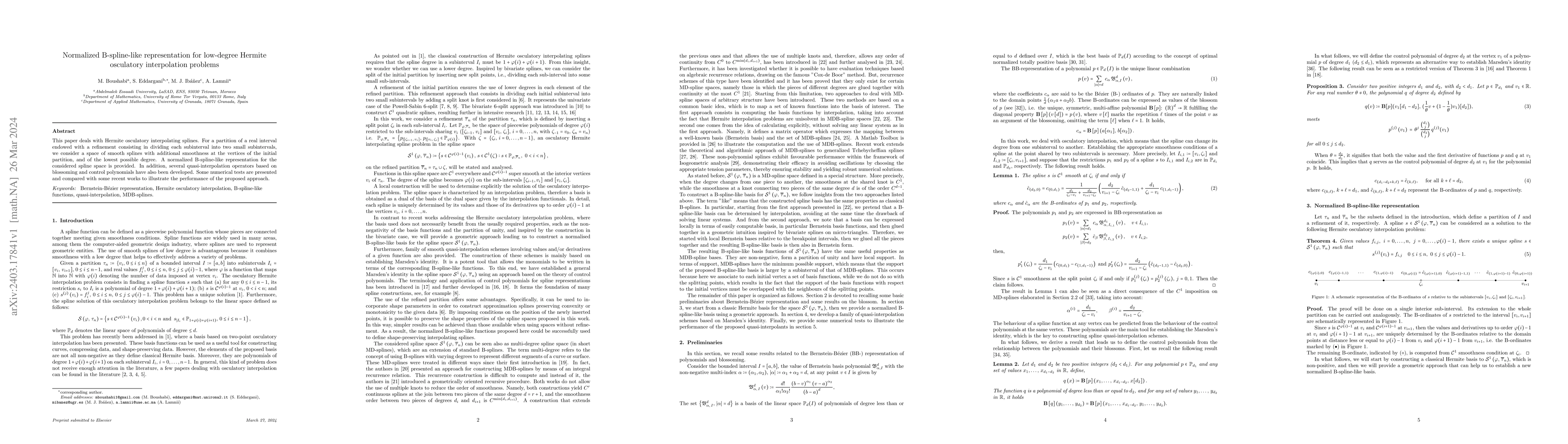 Thumbnail for Normalized B-spline-like representation for low-degree Hermite
  osculatory interpolation problems