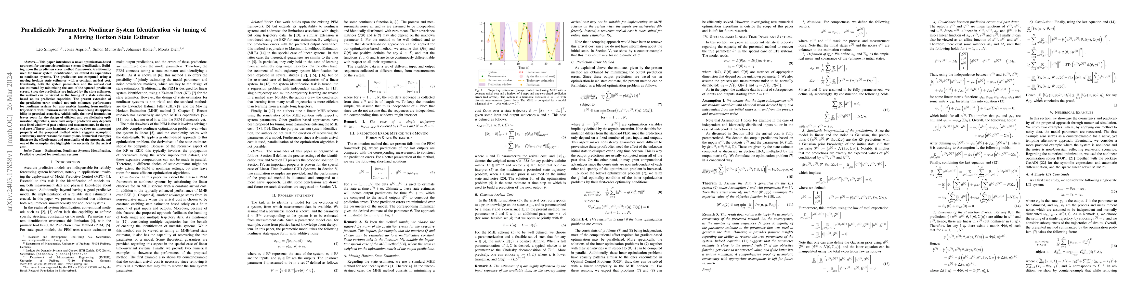 Thumbnail for Parallelizable Parametric Nonlinear System Identification via tuning of
  a Moving Horizon State Estimator