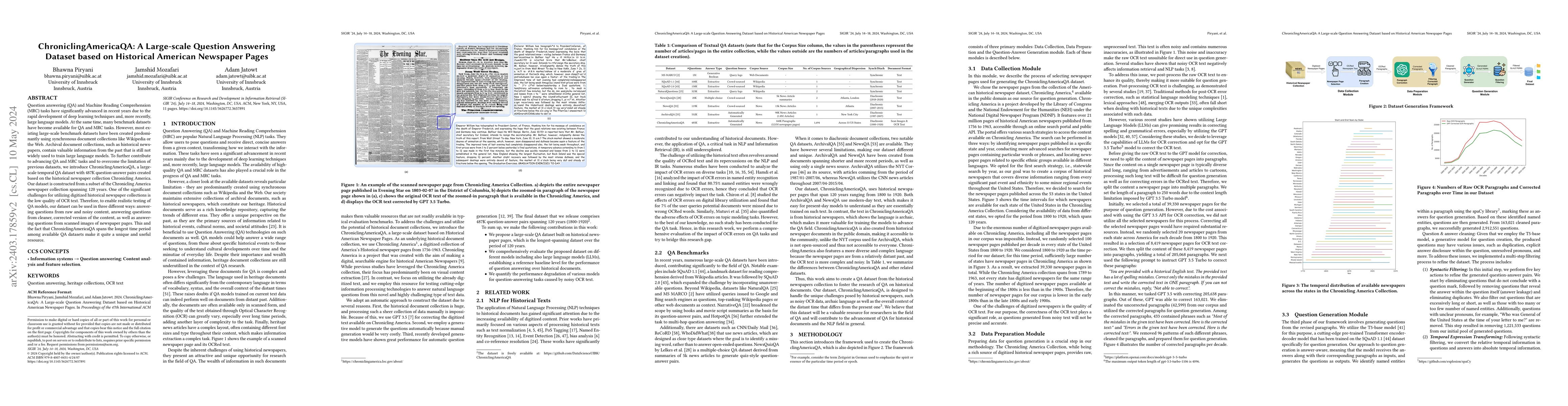 Thumbnail for ChroniclingAmericaQA: A Large-scale Question Answering Dataset based on
  Historical American Newspaper Pages