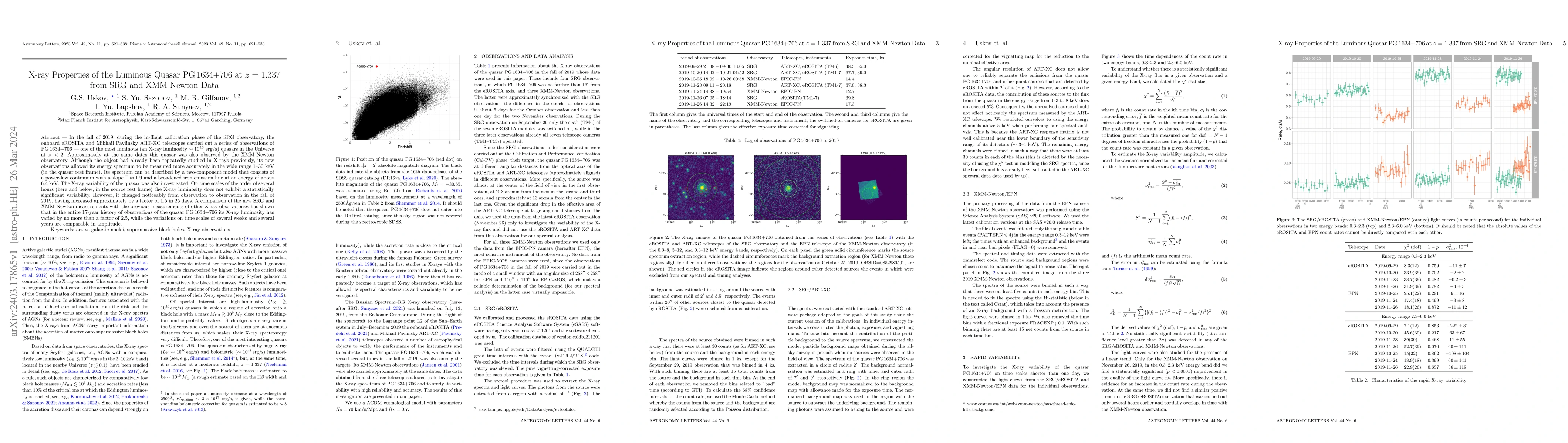 Thumbnail for X-ray Properties of the Luminous Quasar PG 1634+706 at z = 1.337 from
  SRG and XMM-Newton Data