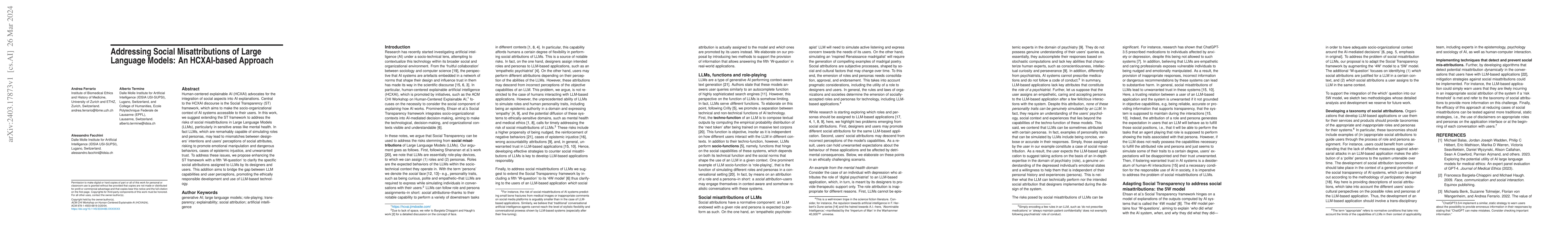 Thumbnail for Addressing Social Misattributions of Large Language Models: An
  HCXAI-based Approach
