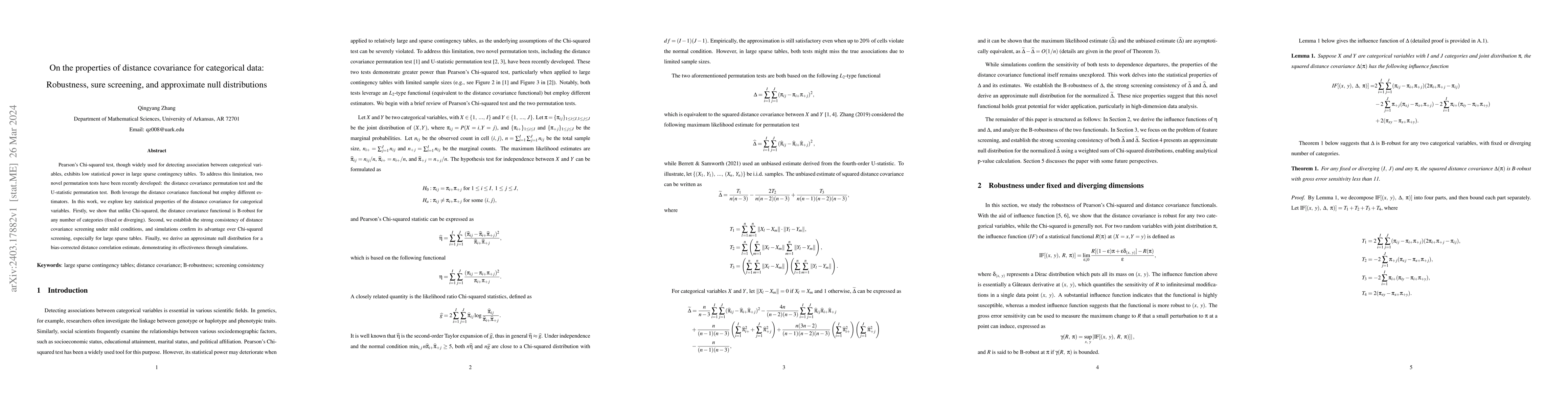 Thumbnail for On the properties of distance covariance for categorical data:
  Robustness, sure screening, and approximate null distributions
