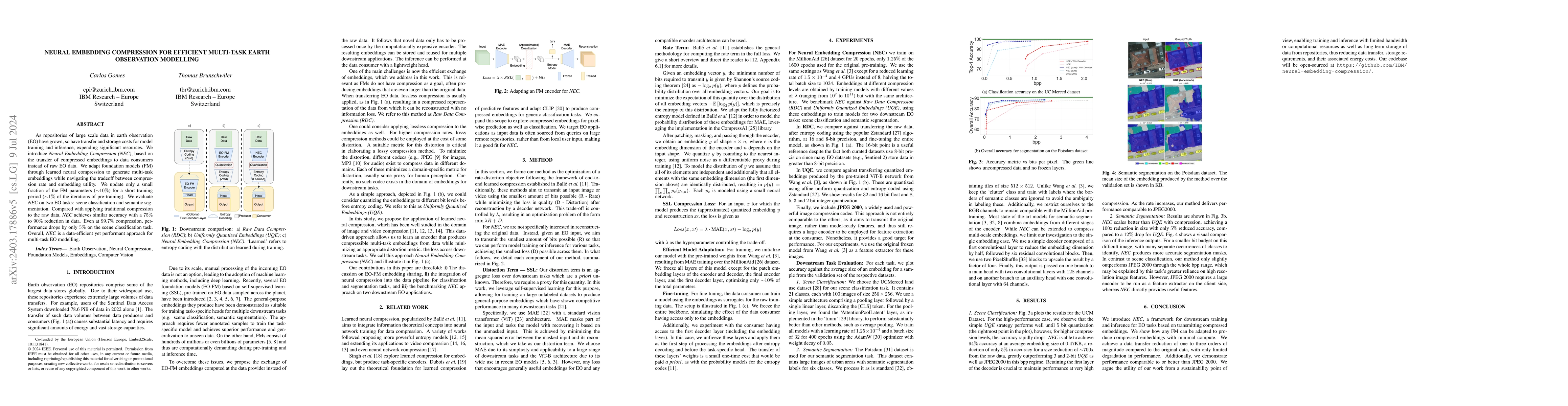 Thumbnail for Neural Embedding Compression For Efficient Multi-Task Earth Observation
  Modelling