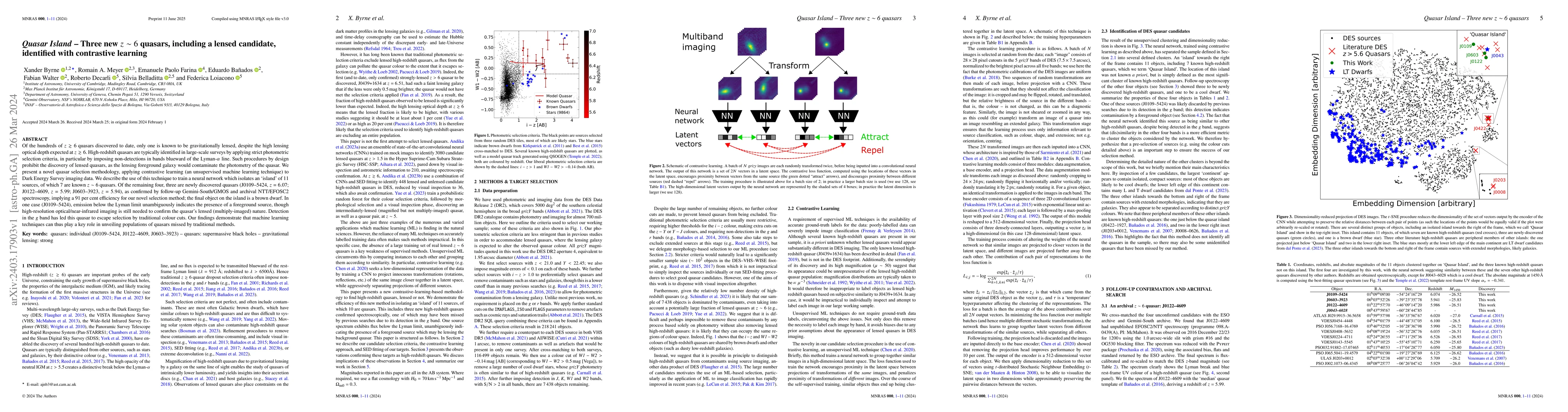 Thumbnail for Quasar Island -- Three new $z\sim6$ quasars, including a lensed
  candidate, identified with contrastive learning
