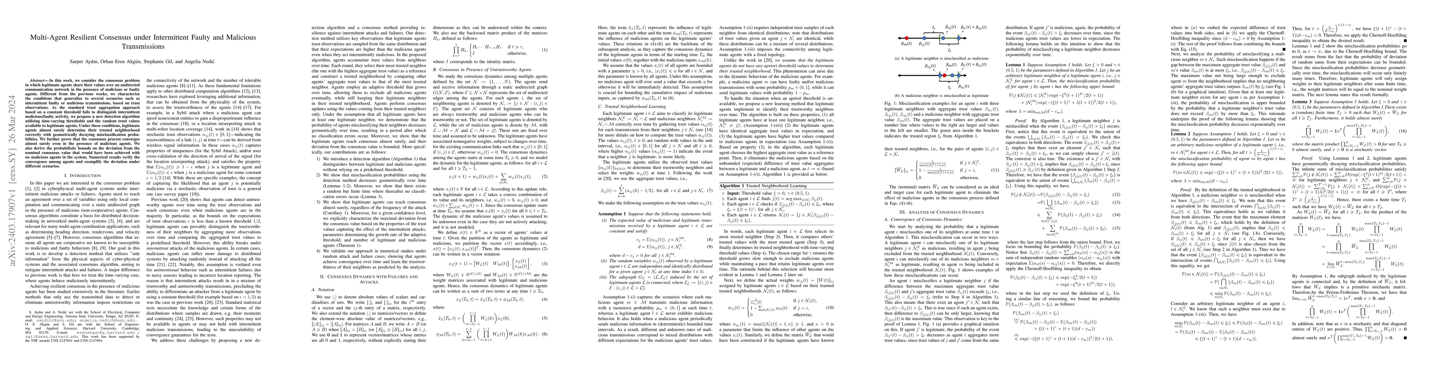Thumbnail for Multi-Agent Resilient Consensus under Intermittent Faulty and Malicious
  Transmissions (Extended Version)