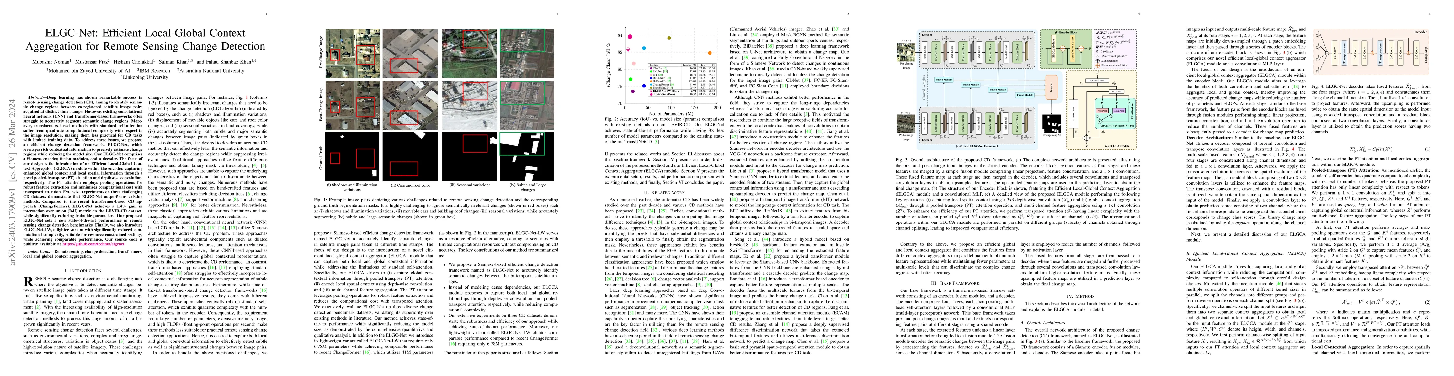 Thumbnail for ELGC-Net: Efficient Local-Global Context Aggregation for Remote Sensing
  Change Detection