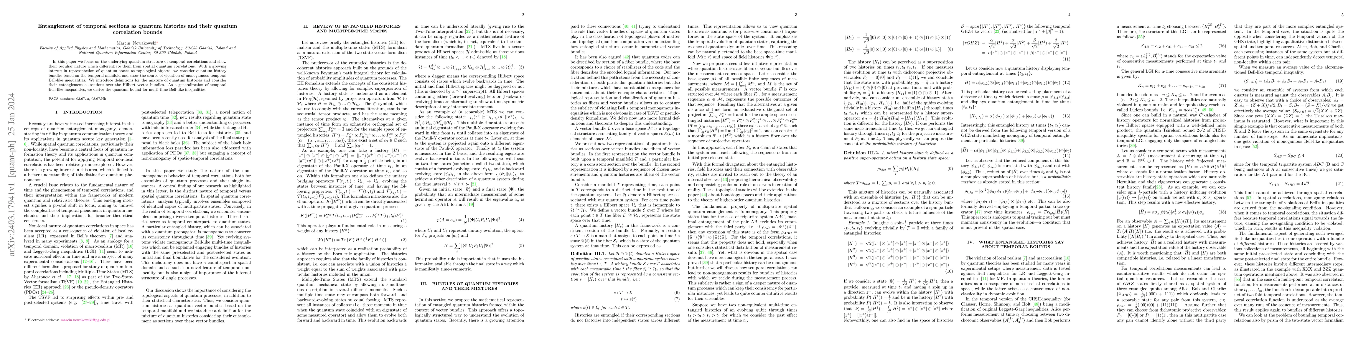 Thumbnail for Entanglement of temporal sections as quantum histories and their quantum
  correlation bounds