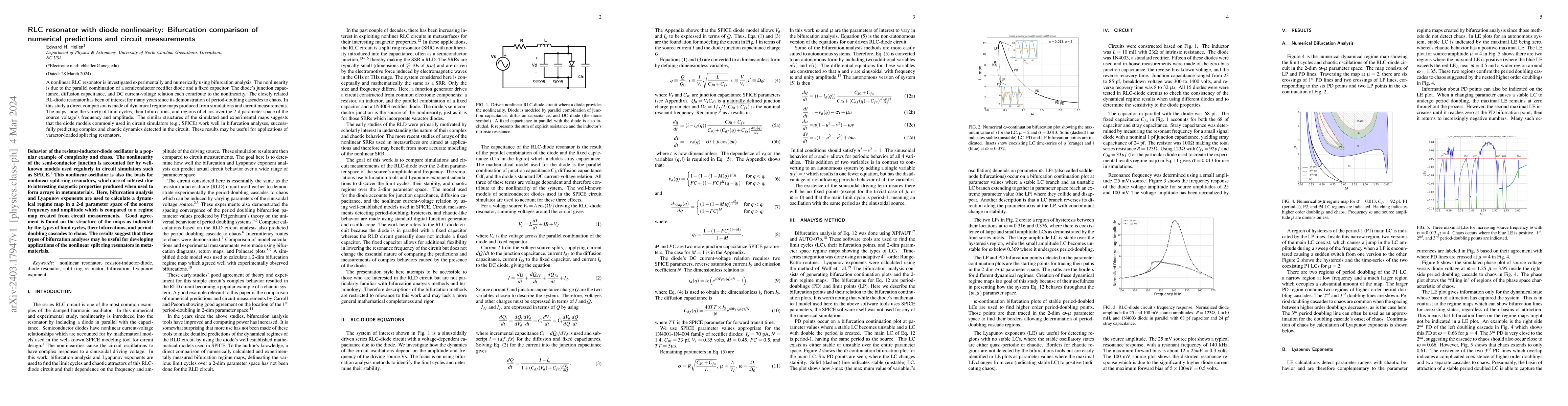 Thumbnail for RLC resonator with diode nonlinearity: Bifurcation comparison of
  numerical predictions and circuit measurements