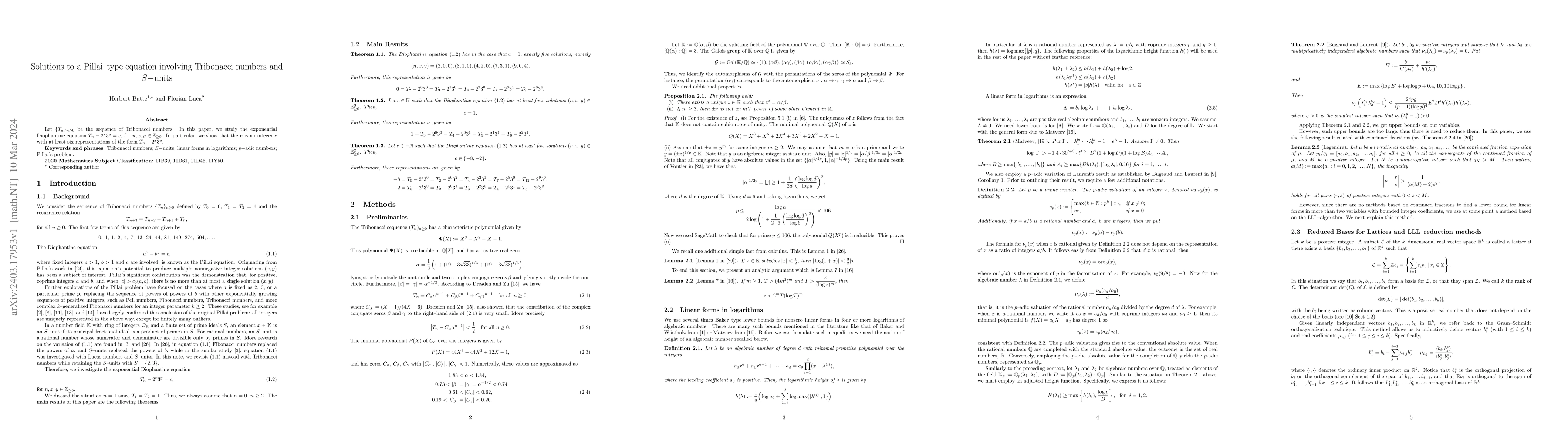Thumbnail for Solutions to a Pillai-type equation involving Tribonacci numbers and
  S-units