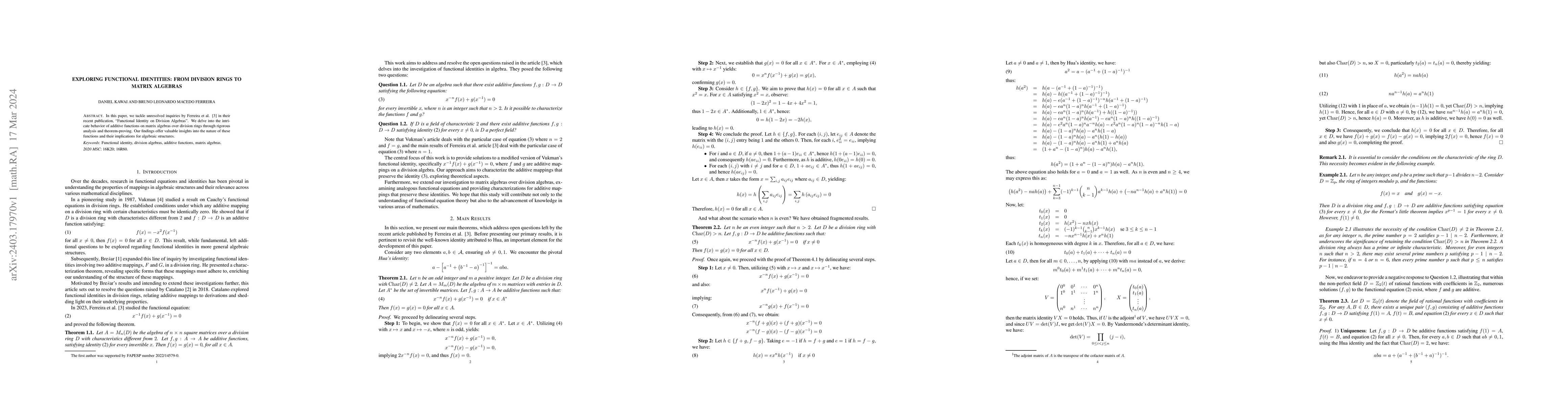 Thumbnail for Exploring Functional Identities: From Division Rings to Matrix Algebras