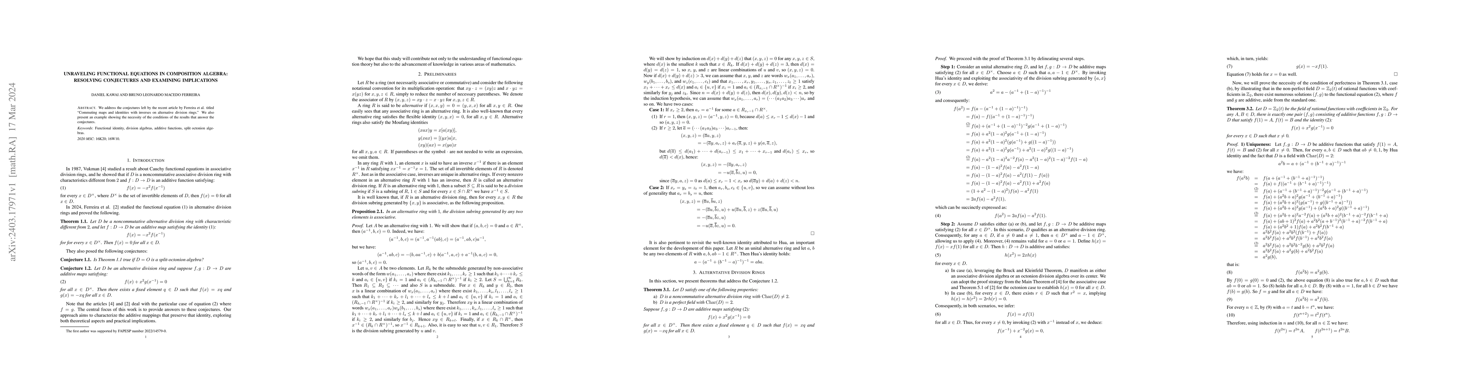 Thumbnail for Unraveling Functional Equations in Composition Algebra: Resolving
  Conjectures and Examining Implications