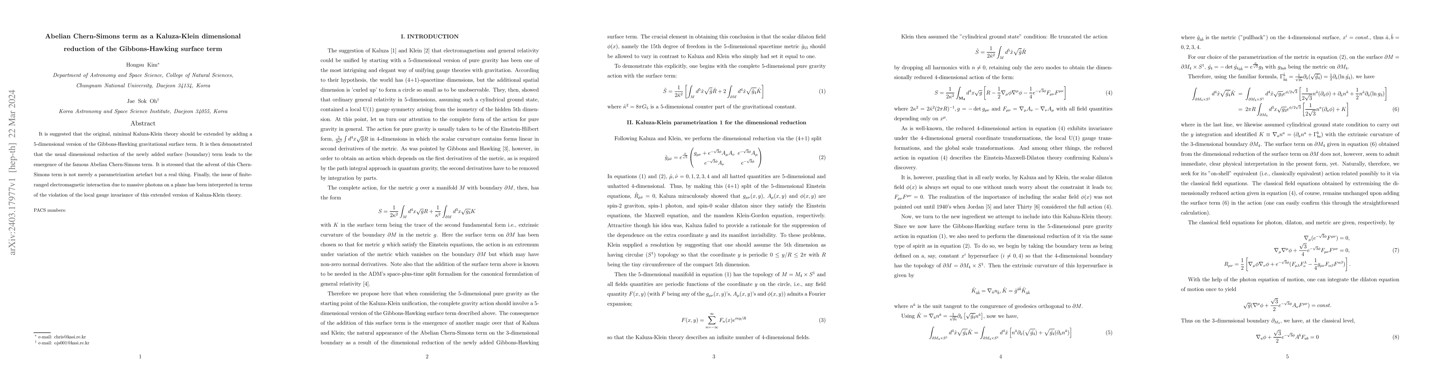 Thumbnail for Abelian Chern-Simons term as a Kaluza-Klein dimensional reduction of the
  Gibbons-Hawking surface term