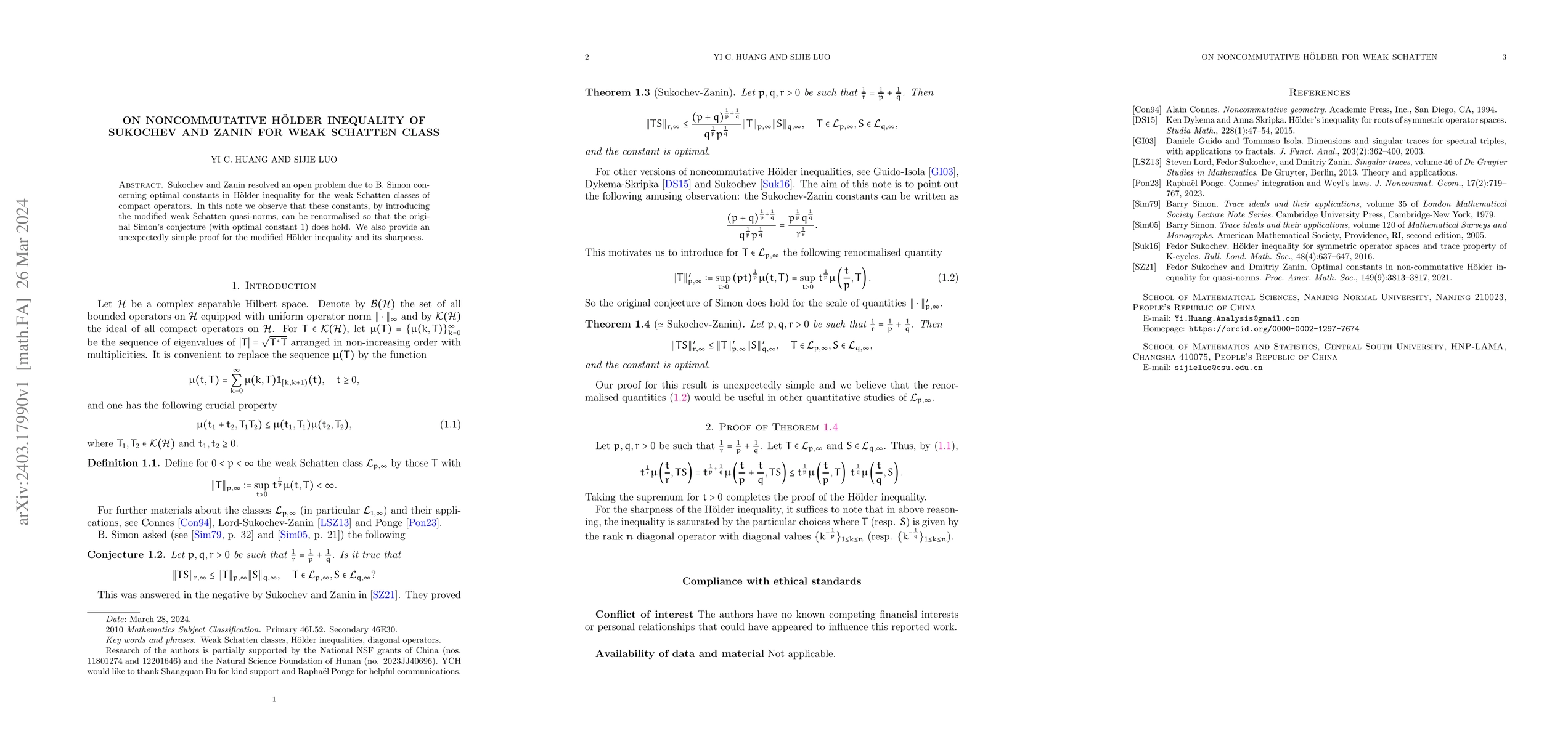 Thumbnail for On noncommutative H\"older inequality of Sukochev and Zanin for weak
  Schatten class