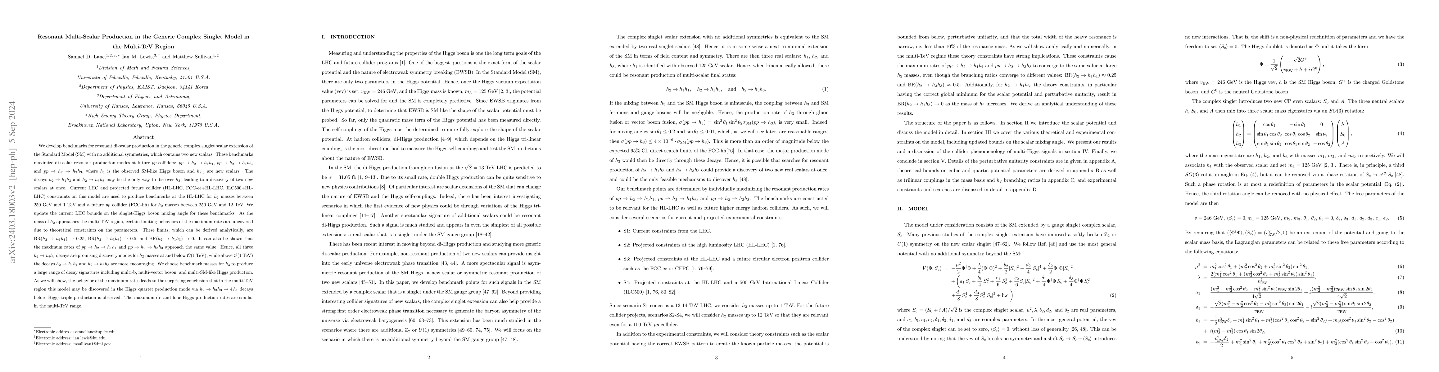 Thumbnail for Resonant Multi-Scalar Production in the Generic Complex Singlet Model in
  the Multi-TeV Region