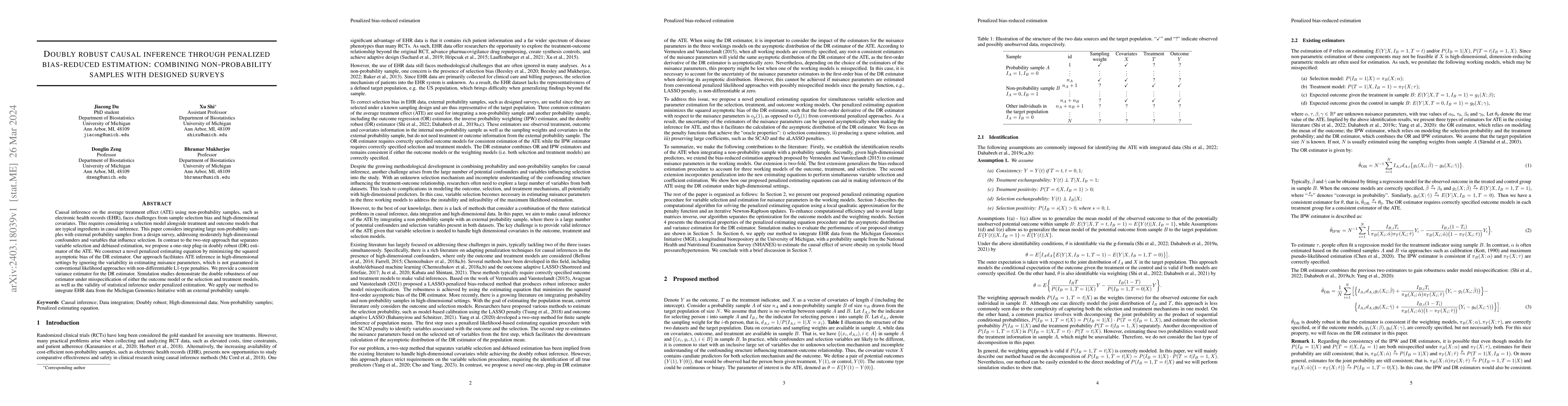 Thumbnail for Doubly robust causal inference through penalized bias-reduced
  estimation: combining non-probability samples with designed surveys