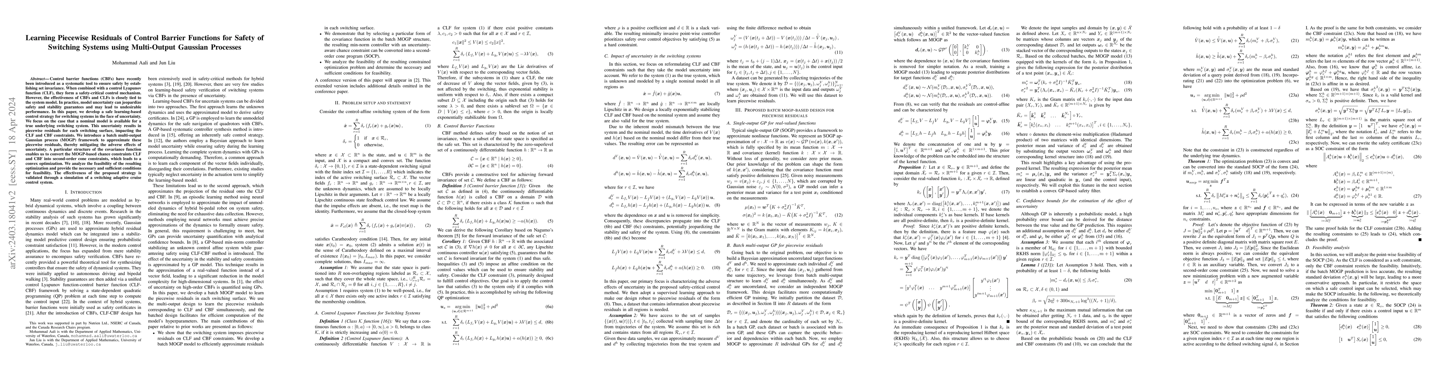 Thumbnail for Learning Piecewise Residuals of Control Barrier Functions for Safety of
  Switching Systems using Multi-Output Gaussian Processes