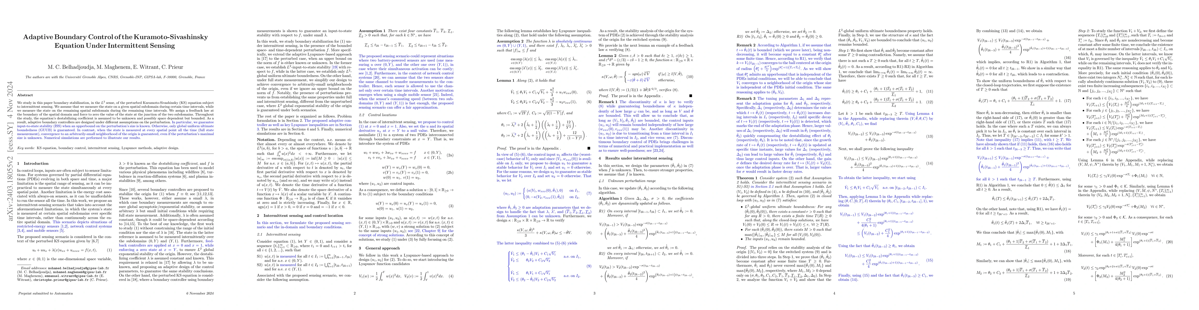 Thumbnail for Adaptive Boundary Control of the Kuramoto-Sivashinsky Equation Under
  Intermittent Sensing