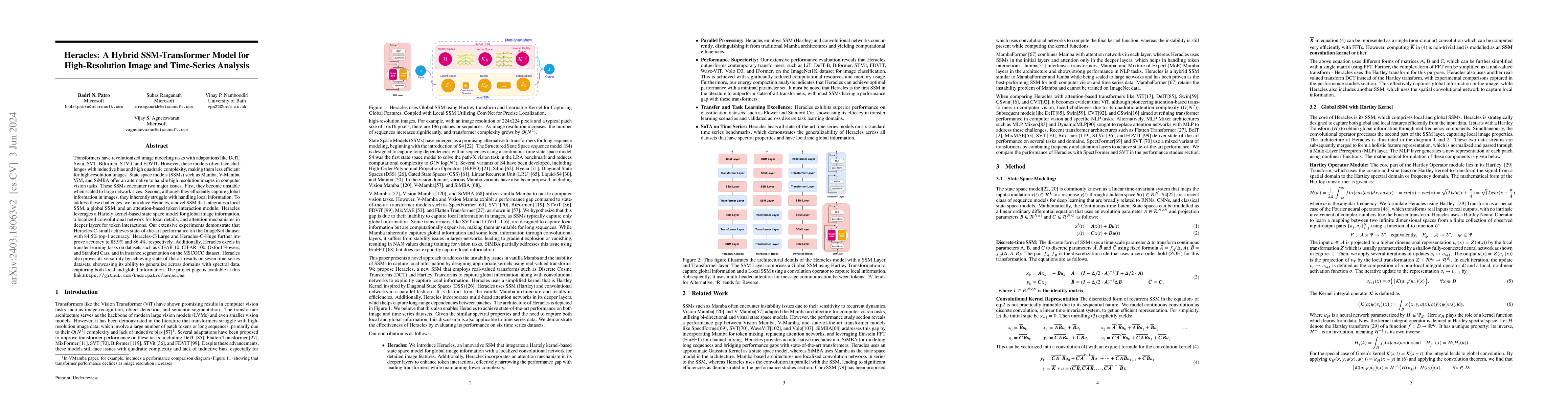 Thumbnail for Heracles: A Hybrid SSM-Transformer Model for High-Resolution Image and
  Time-Series Analysis