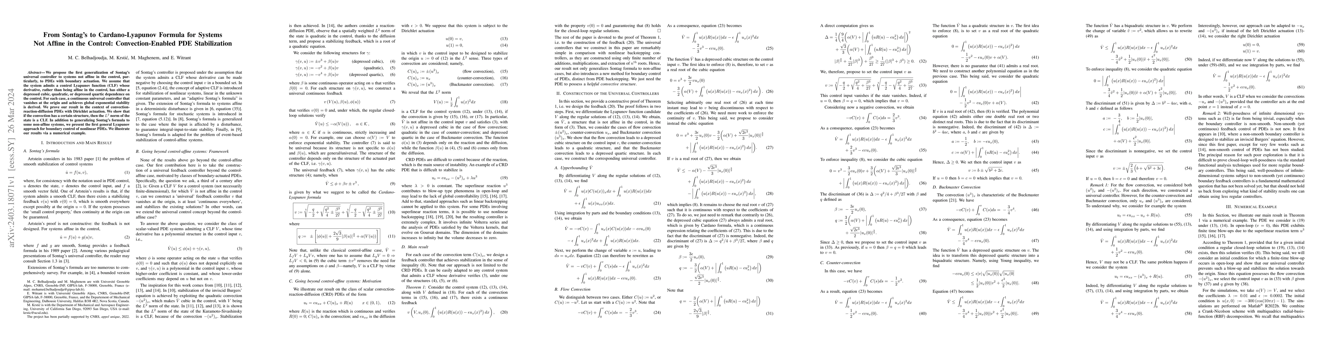 Thumbnail for From Sontag s to Cardano-Lyapunov Formula for Systems Not Affine in the
  Control: Convection-Enabled PDE Stabilization