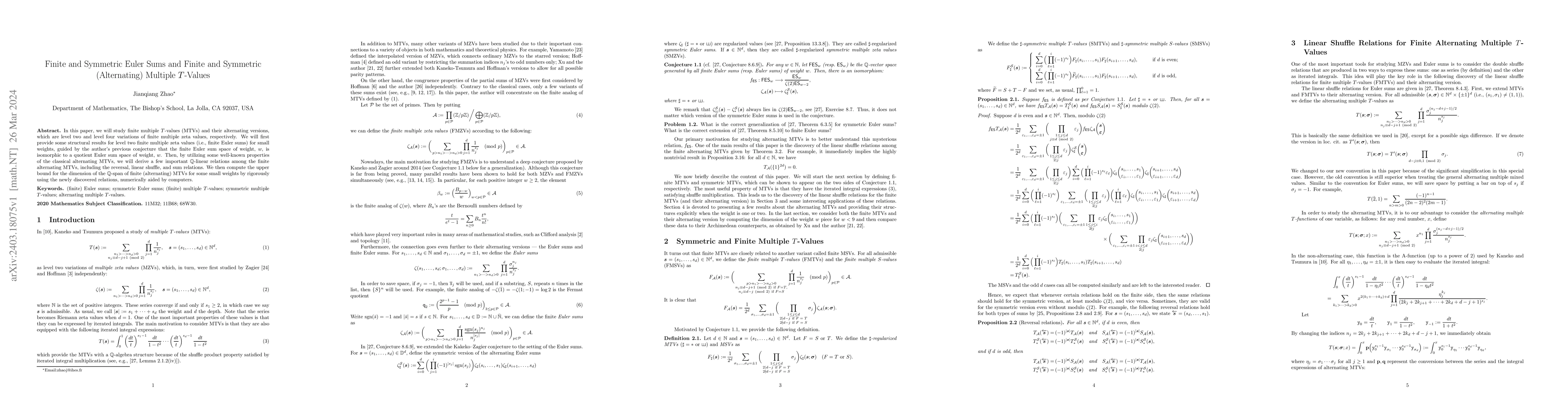 Thumbnail for Finite and Symmetric Euler Sums and Finite and Symmetric (Alternating)
  Multiple $T$-Values