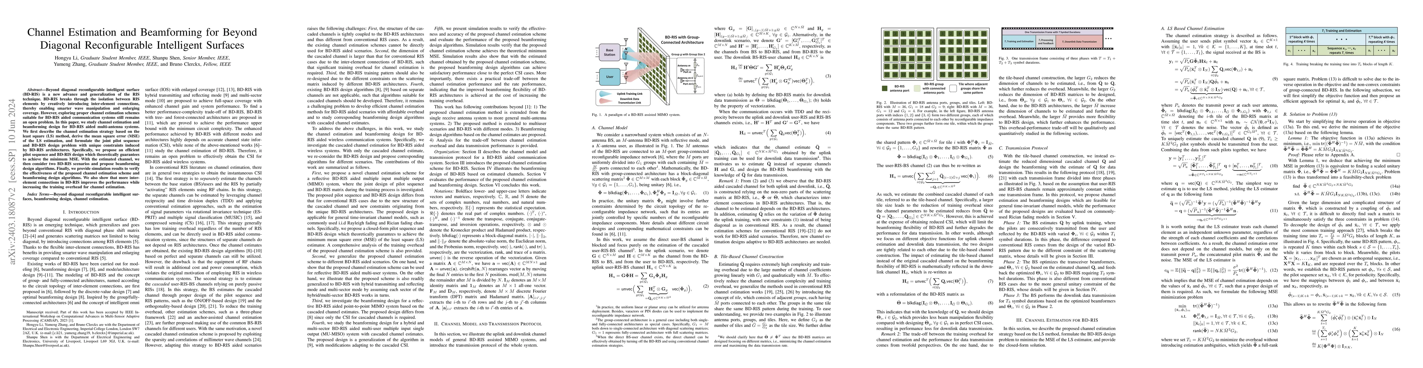 Thumbnail for Channel Estimation and Beamforming for Beyond Diagonal Reconfigurable
  Intelligent Surfaces