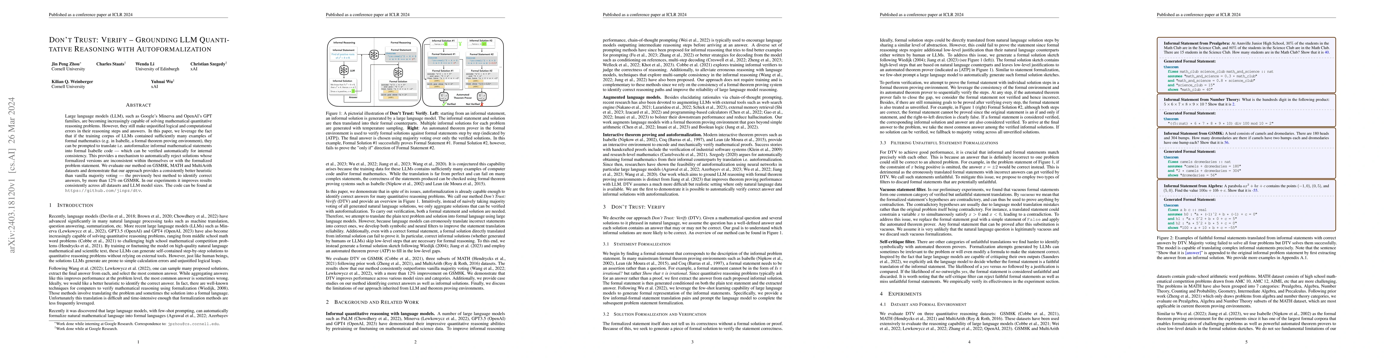 Thumbnail for Don't Trust: Verify -- Grounding LLM Quantitative Reasoning with
  Autoformalization