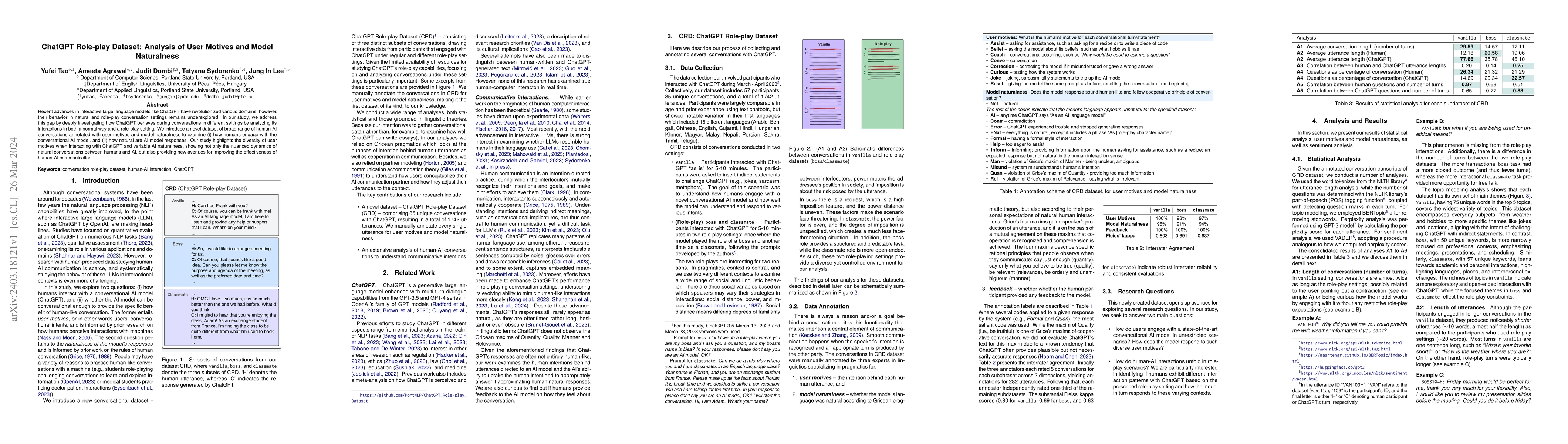 Thumbnail for ChatGPT Role-play Dataset: Analysis of User Motives and Model
  Naturalness