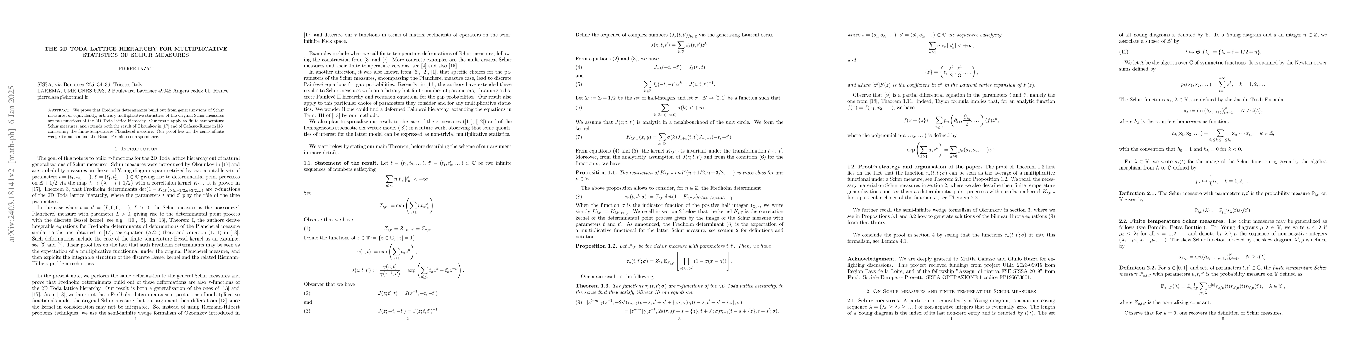 Thumbnail for The 2D Toda lattice hierarchy for multiplicative functionals of Schur
  measures
