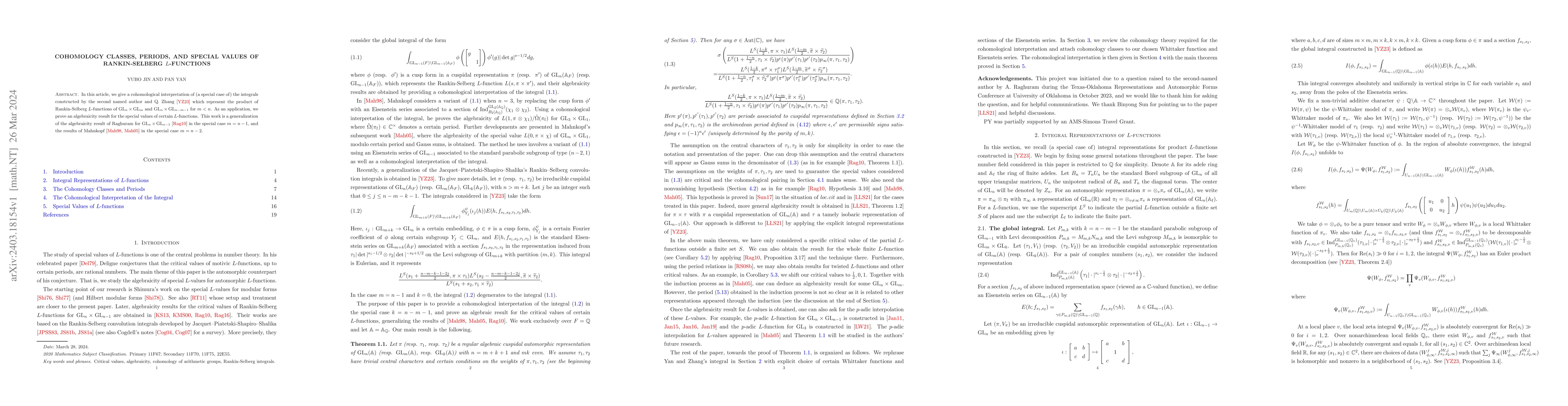 Thumbnail for Cohomology classes, periods, and special values of Rankin-Selberg
  $L$-functions
