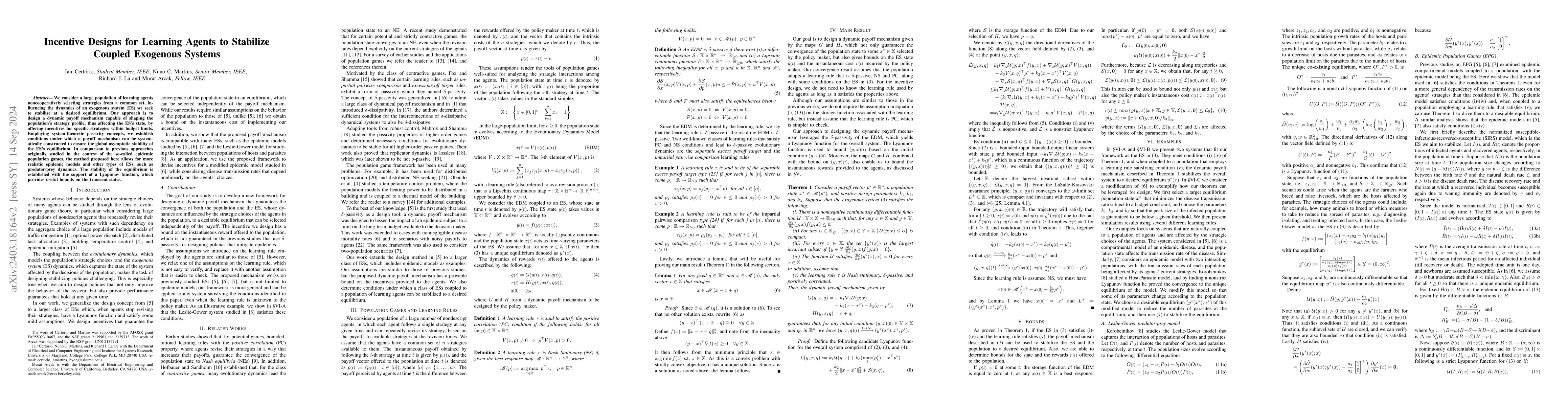 Thumbnail for Incentive Designs for Learning Agents to Stabilize Coupled Exogenous
  Systems