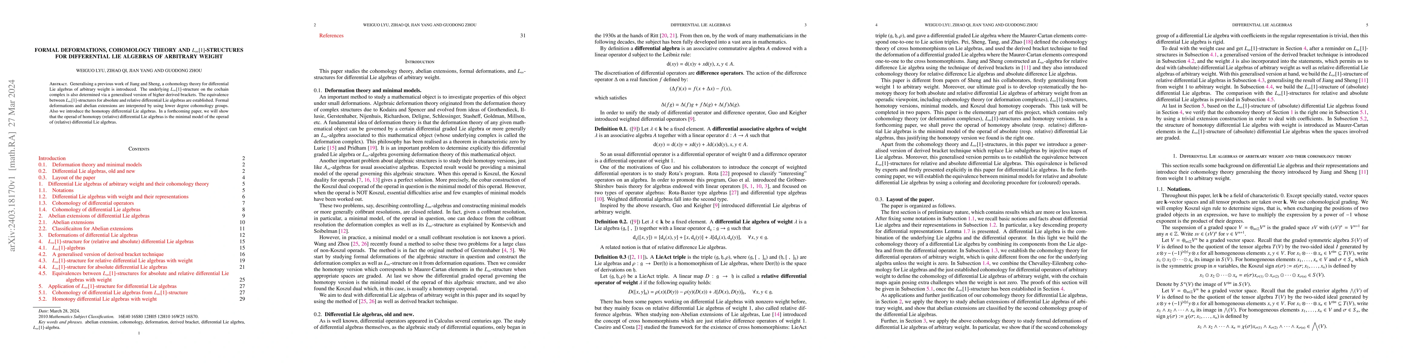 Thumbnail for Formal deformations, cohomology theory and $L_\infty[1]$-structures for
  differential Lie algebras of arbitrary weight