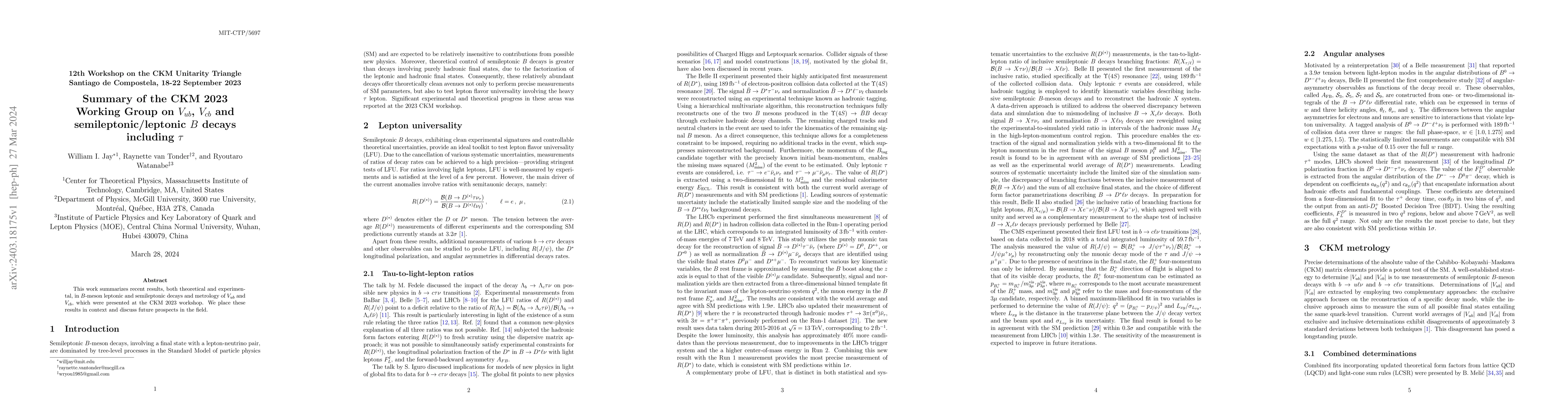 Thumbnail for Summary of the CKM 2023 Working Group on $V_{ub}$, $V_{cb}$ and
  semileptonic/leptonic B decays including $\tau$