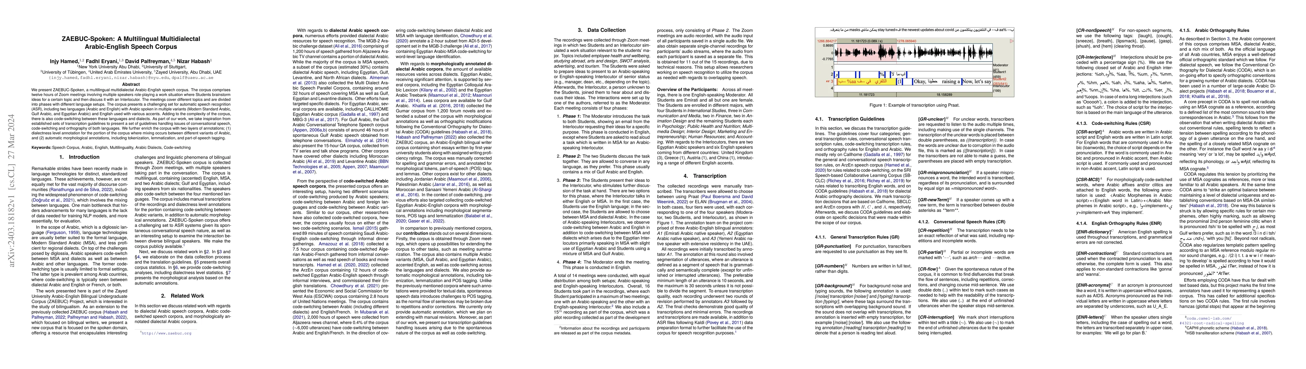 Thumbnail for ZAEBUC-Spoken: A Multilingual Multidialectal Arabic-English Speech
  Corpus